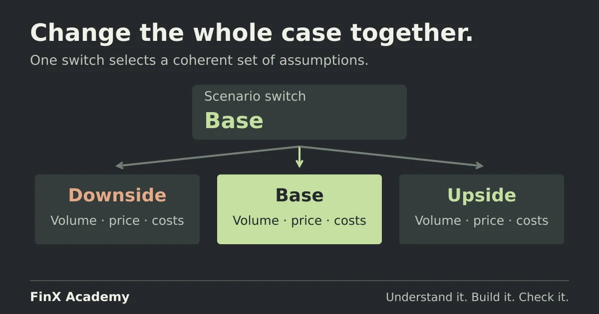 A single scenario switch selects base, upside or downside assumptions together, rather than mixing inputs from different cases.