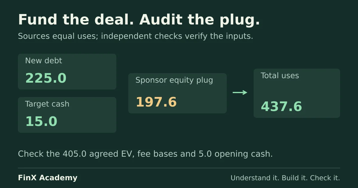 The acquisition requires 437.6 of uses, funded by 225 of new debt, 15 of target cash and a sponsor equity contribution of 197.6. The equity plug makes the totals balance but does not validate the deal assumptions.